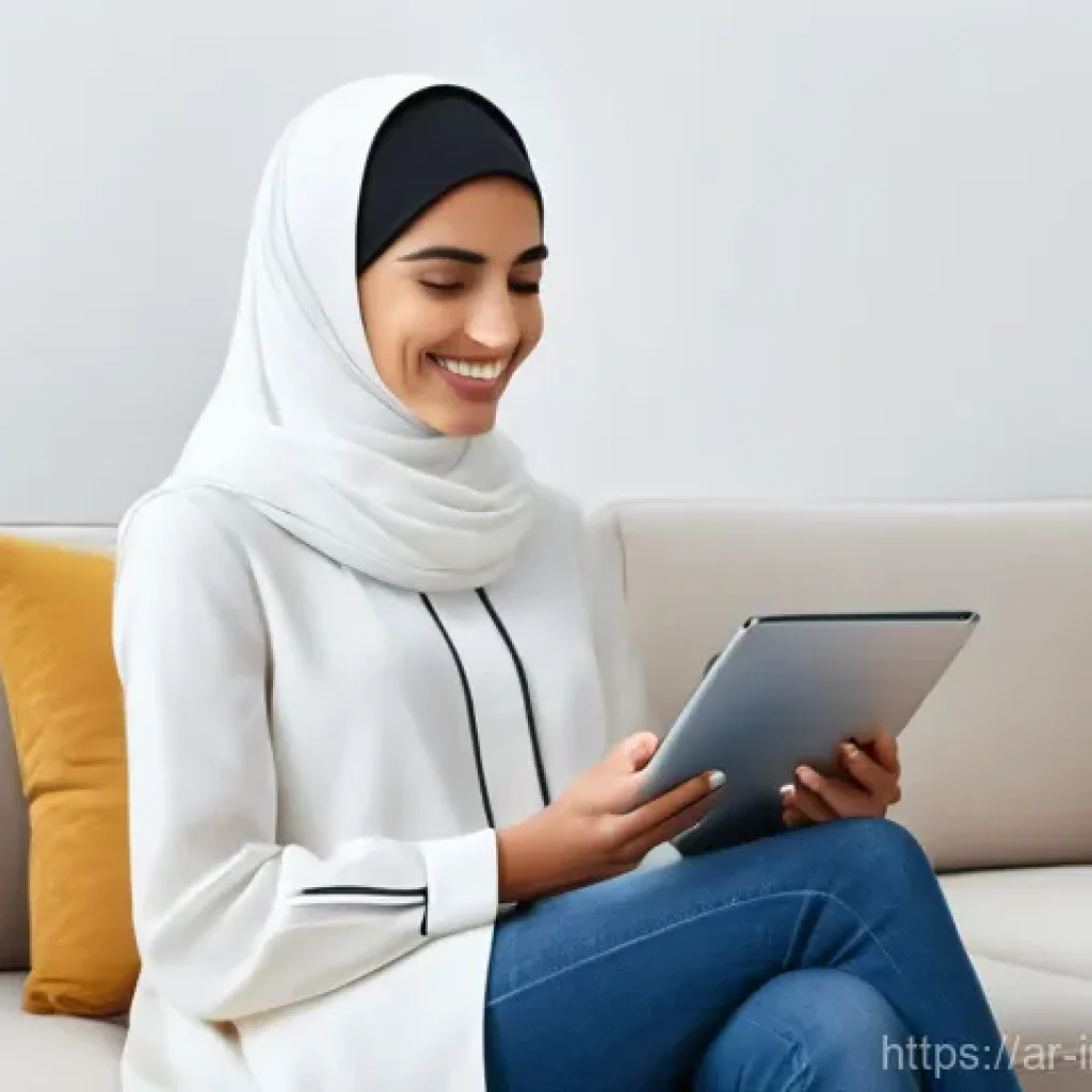 산업공학과 감성 공학 - **Prompt:** A serene and joyful young Arab woman in her elegant, contemporary living room. She is co...