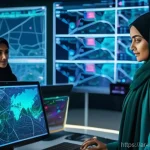 산업공학과 차세대 물류 시스템 - **AI-Powered Logistics Command Center in a Modern Middle Eastern City:** A panoramic, high-angle sho...