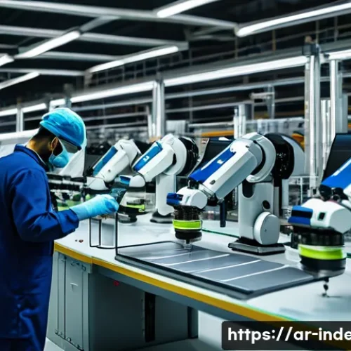 산업공학과 자동화 로봇 - A modern industrial production line inside a spacious factory in the Middle East, with Arabic signag...