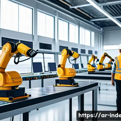 산업공학과 미래 공장 운영 - A modern industrial factory interior showcasing intelligent robots working collaboratively with huma...
