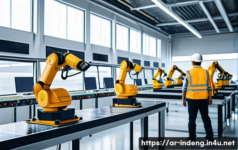 산업공학과 미래 공장 운영 - A modern industrial factory interior showcasing intelligent robots working collaboratively with huma...