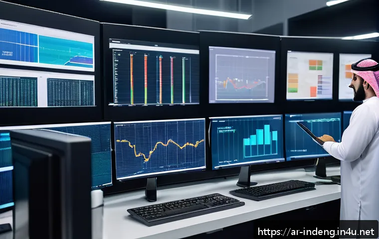 산업공학에서의 블록체인 활용 - A high-tech industrial supply chain control room in a modern Middle Eastern factory, featuring diver...