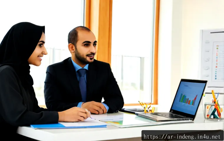 산업공학 졸업 후 진로 - Photorealistic career counseling scene in a modern Gulf-region university office, young Arab industr...